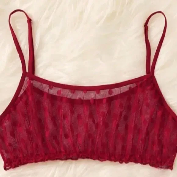 Red Polka Dot Lingerie Set • Mesh Bikini Style Lingerie Outfit - Picture 3 of 11